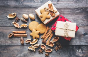 presents and cookies on wood