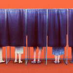 orange background with 5 black curtain stalls with feet
