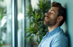 Man with closed eyes leaning against the wall, as if trying to calm down in the office environment