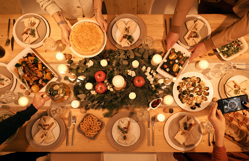 Thanksgiving banquet tabletop from above
