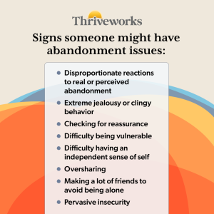 Signs of abandonment issues include disproportionate reactions to abandonment, clinginess, needing reassurance, difficulty being vulnerable, little sense of self, oversharing, fear of being alone, and insecurity.