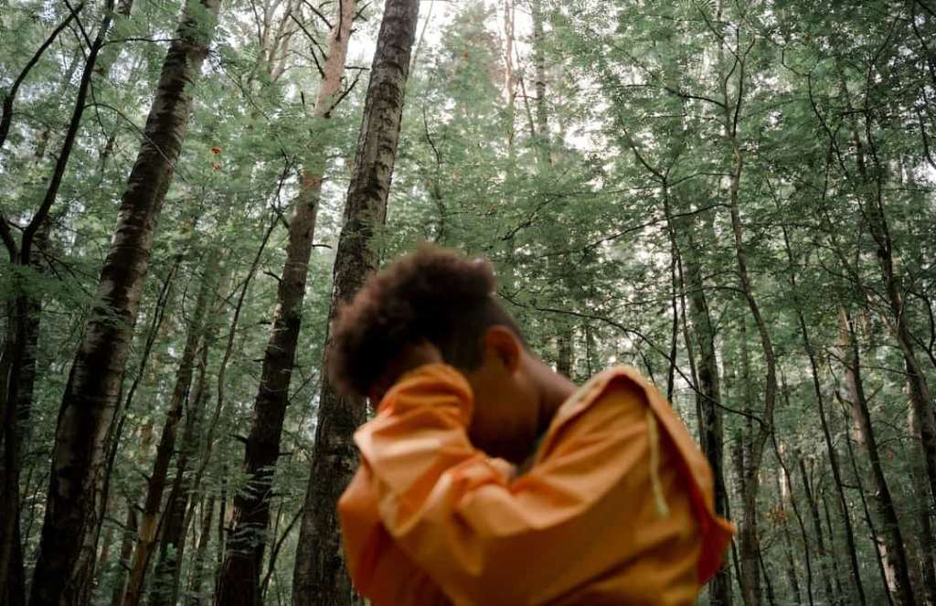 Person in the forest hold their head in their hands