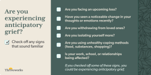 If you see yourself facing an upcoming loss, socially withdrawing, having changes in thought/mood, self-isolating, using unhealthy coping strategies, or suffering at work or school, you might be experiencing anticipatory grief.