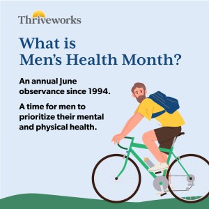Men's Mental Health Month key facts next to a man on a bike wearing a yellow shirt 