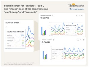 People are searching the words "anxiety," "sad," and "stress" at the same peak times as "can't sleep" and "insomnia"
