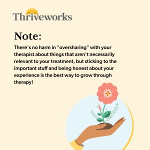 Note about oversharing in therapy with a hand holding a flower