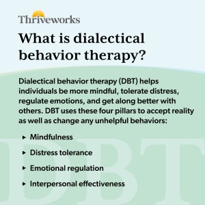 DBT works from four pillars of treatment: mindfulness, distress tolerance, emotional regulation, and interpersonal effectiveness