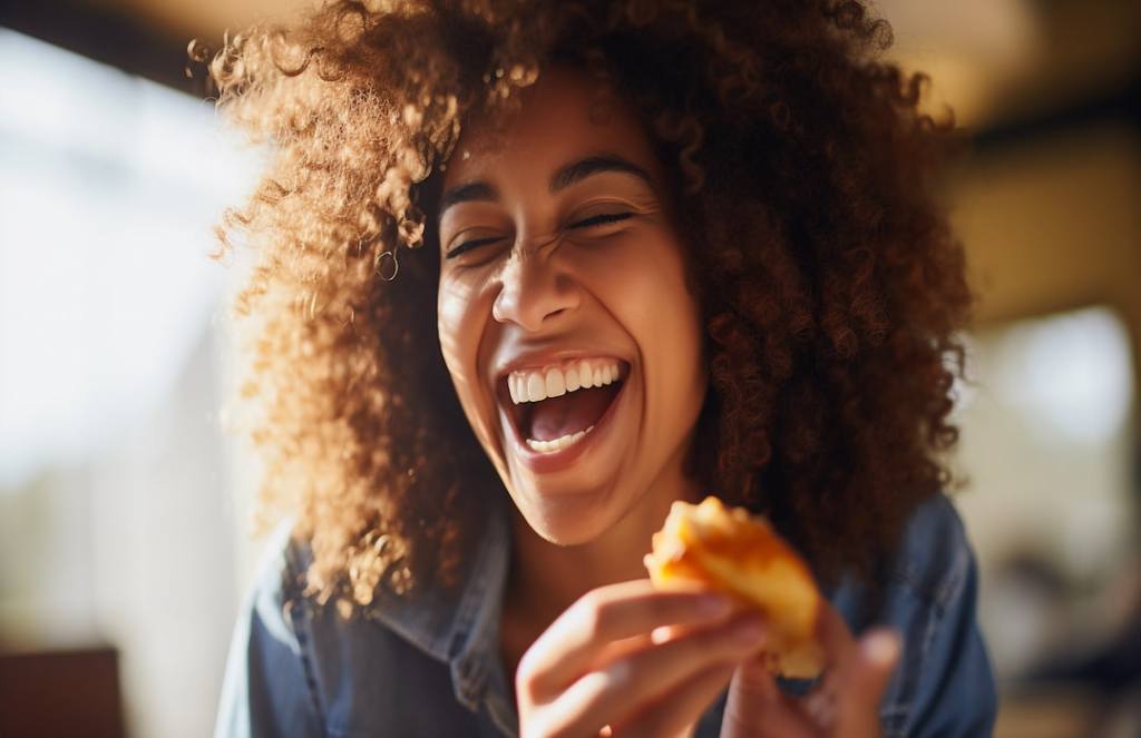 Woman having a laugh while eating some food
