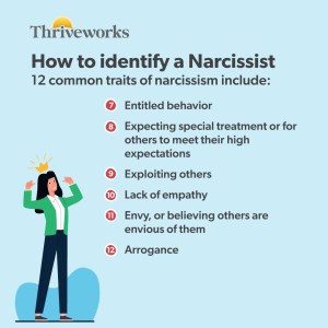 Common traits of narcissists are entitlement, expecting special treatment, exploitation, no empathy, envy, and arrogance