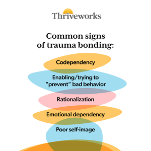 Common signs of trauma bonding are codependency, enabling bad behavior, rationalization, emotional dependency, and poor self-image.