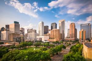 Houston, Texas skyline with a park