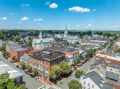 Cityscape of old brick buildings and spires in Fredericksburg, Virginia.