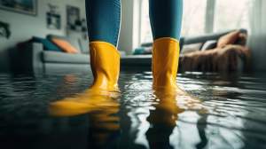 Person wearing yellow rainboots in a flooded living room