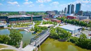 Aerial view of riverfront at Promenade Park in Fort Wayne, ID