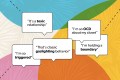 Speech bubbles with therapy speak phrases "toxic relationship," "triggered," "gaslighting," "OCD," and "boundary" on geometric background