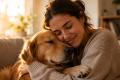 Woman smiling with eyes closed, hugging a golden retriever on a couch in a sunlit living room.