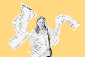 Stressed woman surrounded by grocery receipts on a yellow background